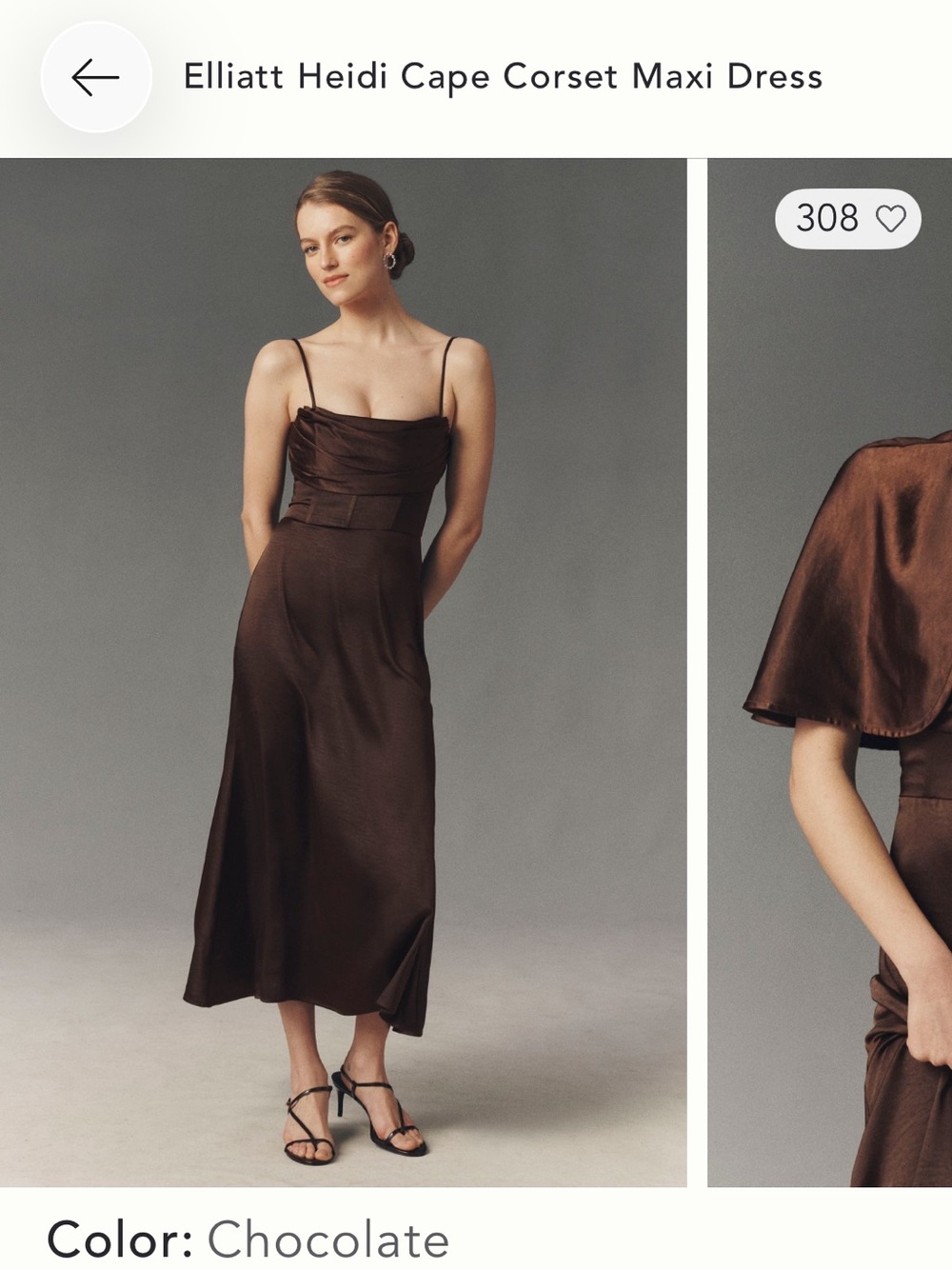Anthropology Elliatt Heidi Cape Corset Chocolate Satin Maxi Dress - NWT